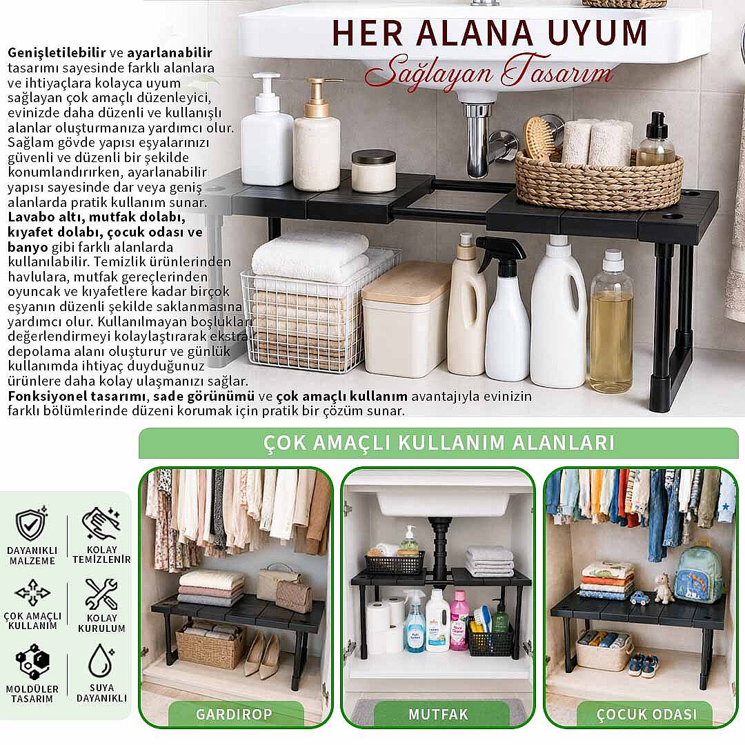 Ayarlanabilir Genişletilebilir Tezgah Altı Düzenleyici Raf Banyo Mutfak Dolap Organizeri Deterjanlık - 3