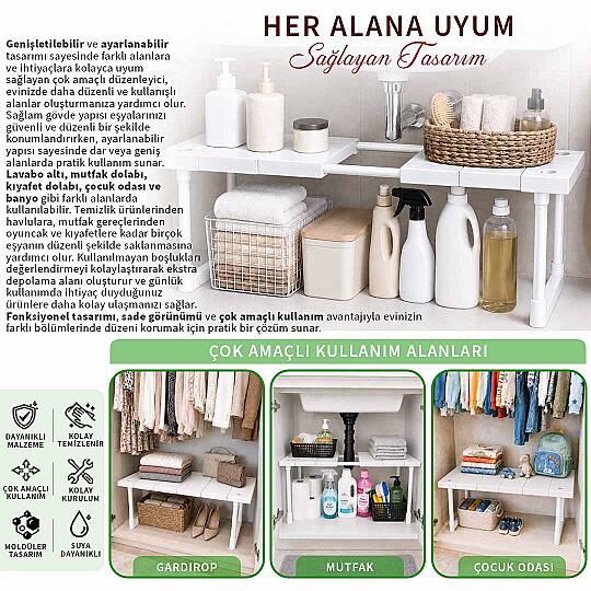 Ayarlanabilir Genişletilebilir Tezgah Altı Düzenleyici Raf Banyo Mutfak Dolap Organizeri Deterjanlık - 3