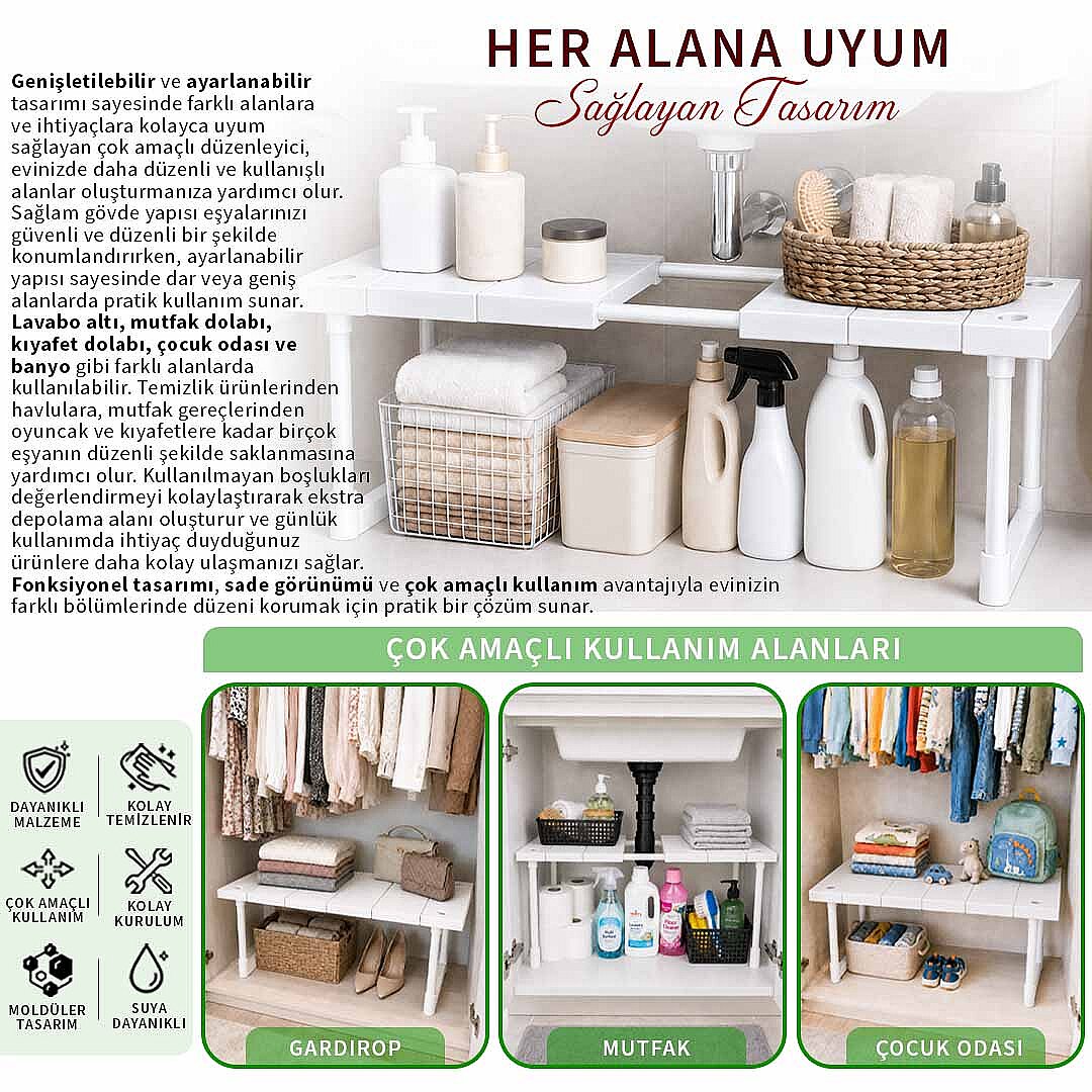 Ayarlanabilir Genişletilebilir Tezgah Altı Düzenleyici Raf Banyo Mutfak Dolap Organizeri Deterjanlık - 3