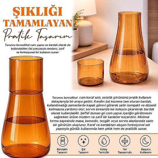 1000 ml Lüsterli Borosilikat Cam Başucu Sürahisi – Bardaklı Gold Su Sürahisi ve Karaf Seti - 2