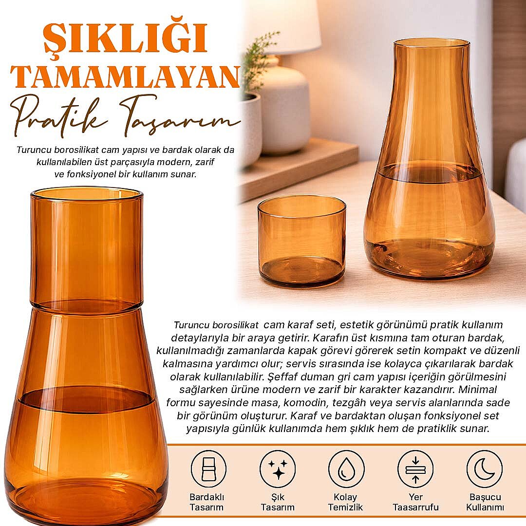 1000 ml Lüsterli Borosilikat Cam Başucu Sürahisi – Bardaklı Gold Su Sürahisi ve Karaf Seti - 2