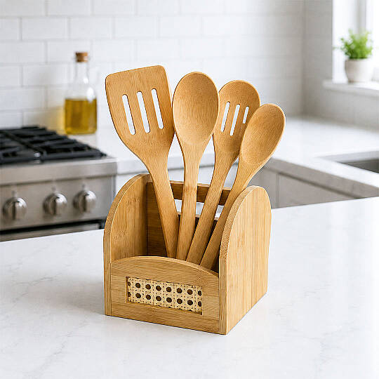 Bambu Bölmeli Kaşıklık - Tezgah Üstü Hazeranlı Spatula Kepçe Standı - Mutfak Düzenleyici Organizer