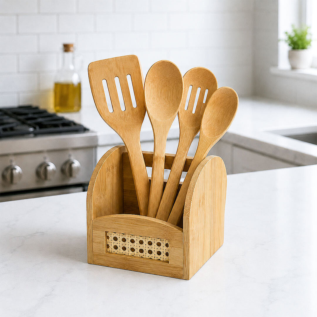 Bambu Bölmeli Kaşıklık - Tezgah Üstü Hazeranlı Spatula Kepçe Standı - Mutfak Düzenleyici Organizer - 1