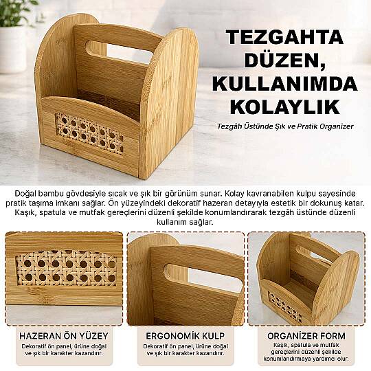Bambu Bölmeli Kaşıklık - Tezgah Üstü Hazeranlı Spatula Kepçe Standı - Mutfak Düzenleyici Organizer - 2
