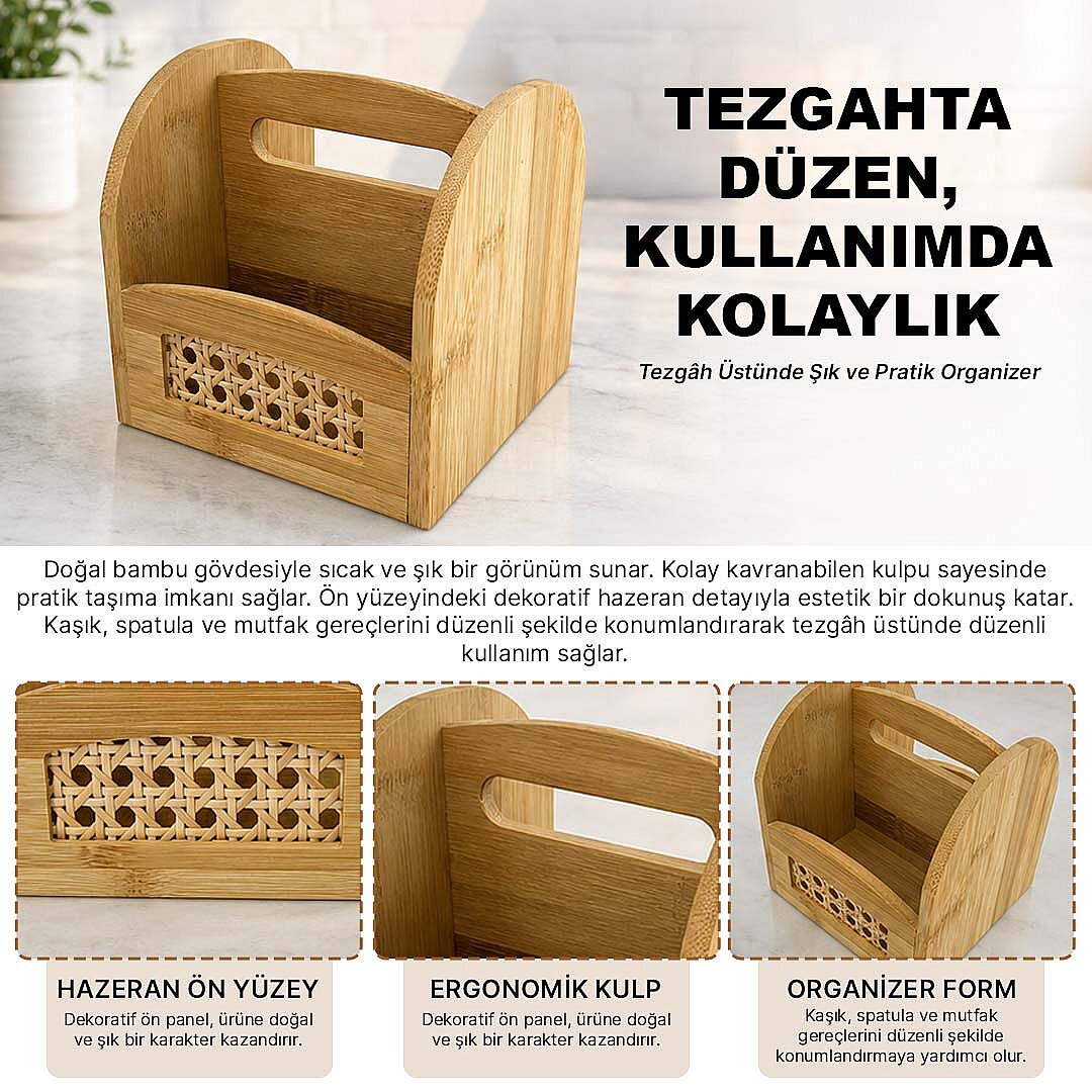 Bambu Bölmeli Kaşıklık - Tezgah Üstü Hazeranlı Spatula Kepçe Standı - Mutfak Düzenleyici Organizer - 2