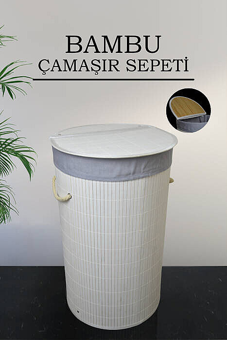 Bambu Katlanabilir Çamaşır Sepeti - Yuvarlak Banyo Kirli Sepeti Çok Amaçlı Düzenleyici 35x60cm Beyaz - 5