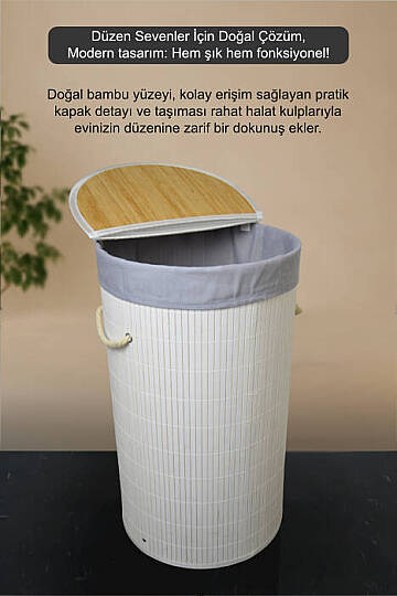 Bambu Katlanabilir Çamaşır Sepeti - Yuvarlak Banyo Kirli Sepeti Çok Amaçlı Düzenleyici 35x60cm Beyaz - 6