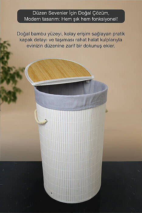 Bambu Katlanabilir Çamaşır Sepeti - Yuvarlak Banyo Kirli Sepeti Çok Amaçlı Düzenleyici 35x60cm Beyaz - 6
