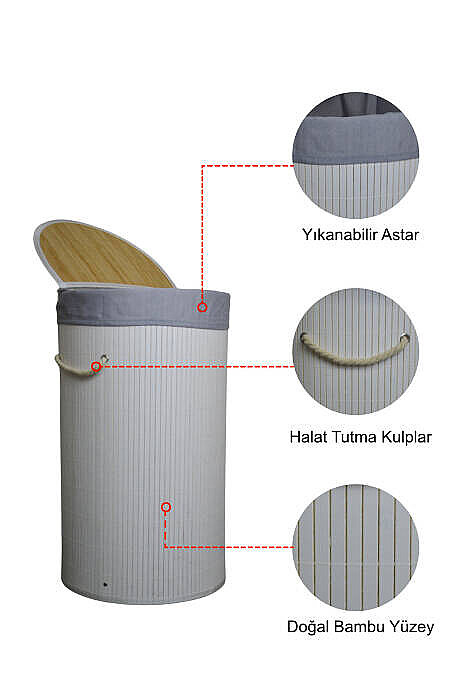 Bambu Katlanabilir Çamaşır Sepeti - Yuvarlak Banyo Kirli Sepeti Çok Amaçlı Düzenleyici 35x60cm Beyaz - 4