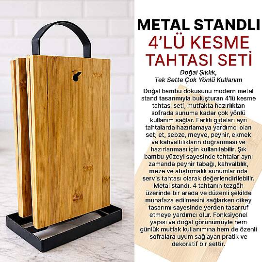 Bambu & Metal Standlı 4’lü Kesme Tahtası Seti - Peynir Servis Sunum Tepsi Et Sebze Doğrama Tahtası - 2