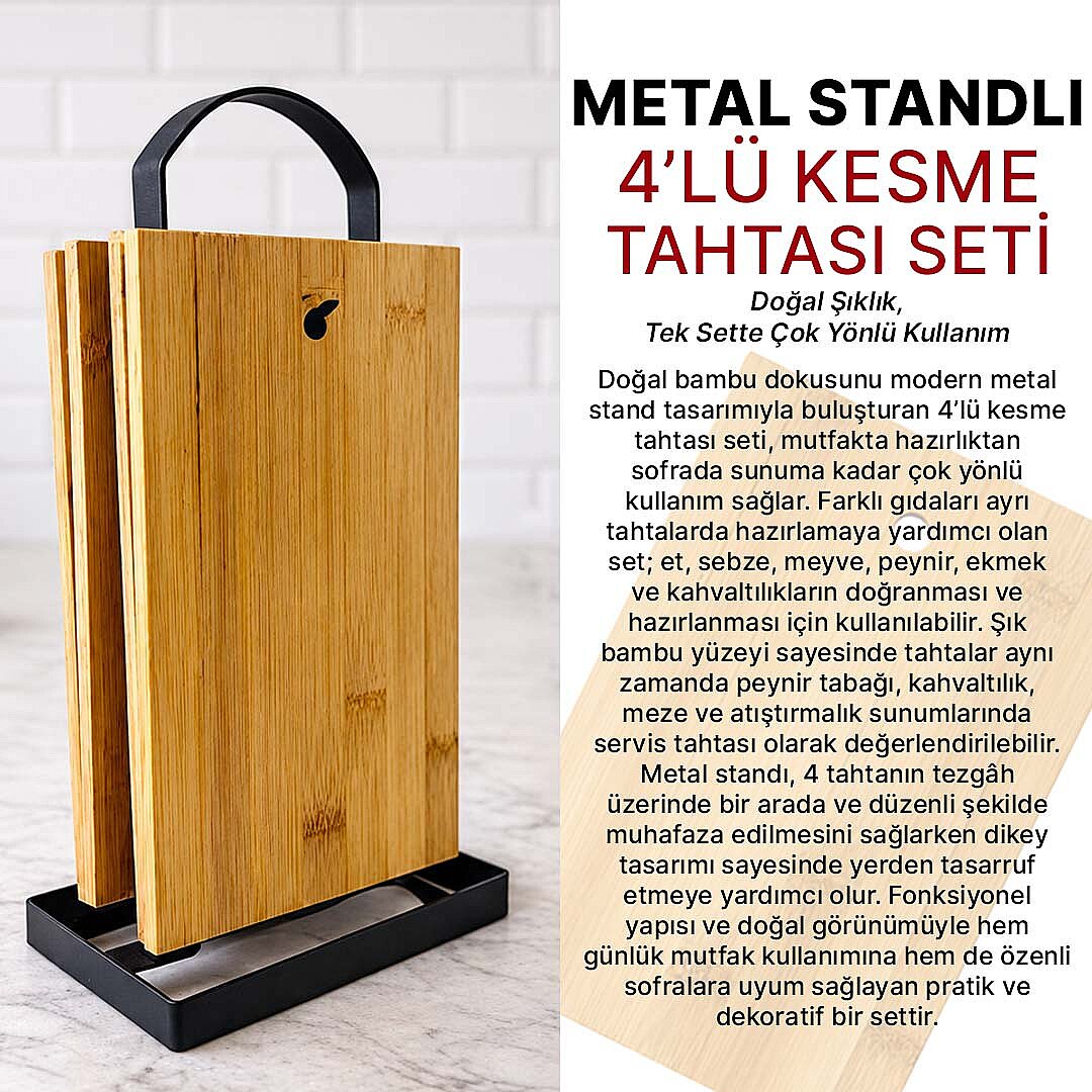 Bambu & Metal Standlı 4’lü Kesme Tahtası Seti - Peynir Servis Sunum Tepsi Et Sebze Doğrama Tahtası - 2