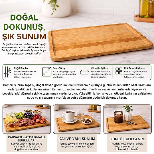 Bambu Sunum Tepsisi – Doğal Ahşap Kahvaltı Çay Kahve İkram Servis Tepsisi 20x30 cm - 2