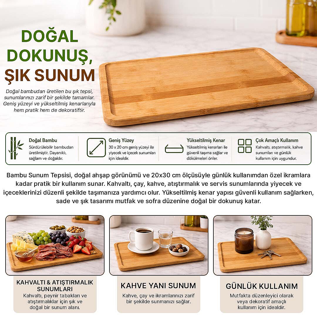 Bambu Sunum Tepsisi – Doğal Ahşap Kahvaltı Çay Kahve İkram Servis Tepsisi 20x30 cm - 2