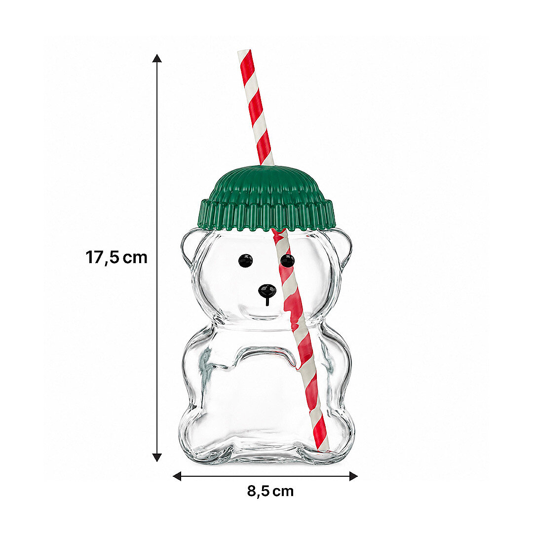 Barista Ayıcık Tasarımlı Cam Pipetli Soğuk İçecek Kahve Bardağı - Yeşil Şapkalı Bear Bardak 550 ml - 3
