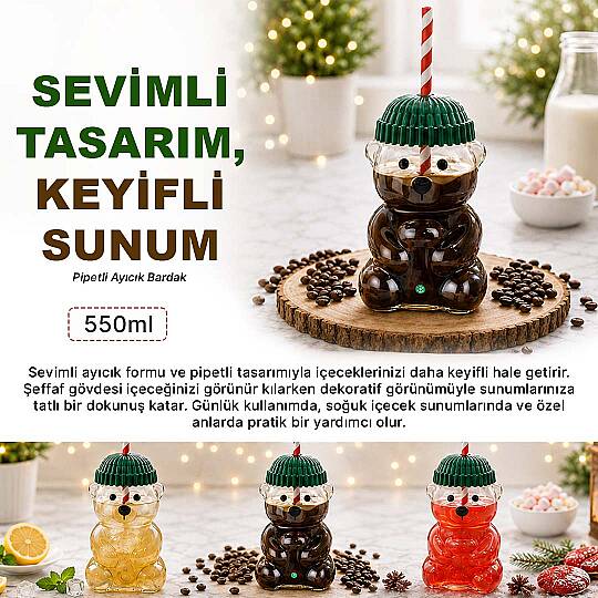 Barista Ayıcık Tasarımlı Cam Pipetli Soğuk İçecek Kahve Bardağı - Yeşil Şapkalı Bear Bardak 550 ml - 2
