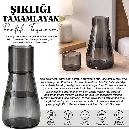 1000 ml Lüsterli Borosilikat Cam Başucu Sürahisi – Bardaklı Antrasit Su Sürahisi ve Karaf Seti - 2