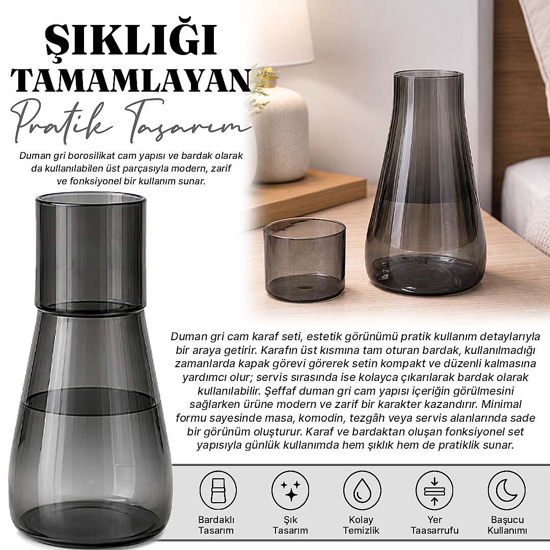 1000 ml Lüsterli Borosilikat Cam Başucu Sürahisi – Bardaklı Antrasit Su Sürahisi ve Karaf Seti - 2