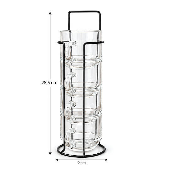 Borosilikat Metal Stantlı Bardaklık ve Çay Bardağı Seti, 4lü Bardak Standı ve Cam Bardak Takım - 3