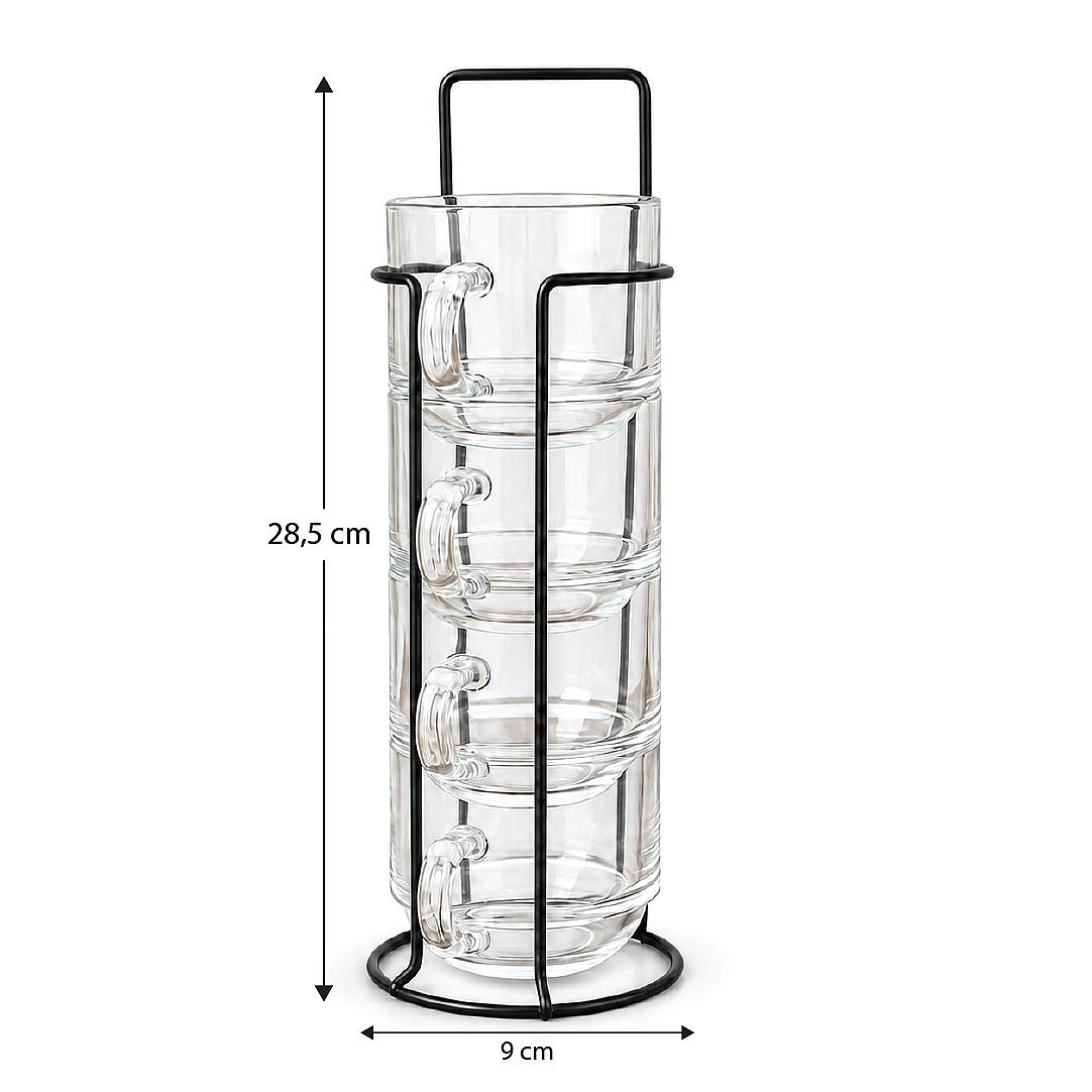Borosilikat Metal Stantlı Bardaklık ve Çay Bardağı Seti, 4lü Bardak Standı ve Cam Bardak Takım - 3