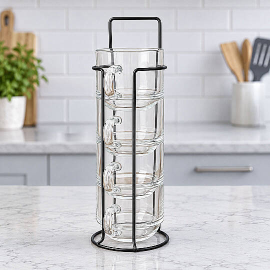 Borosilikat Metal Stantlı Bardaklık ve Çay Bardağı Seti, 4lü Bardak Standı ve Cam Bardak Takım