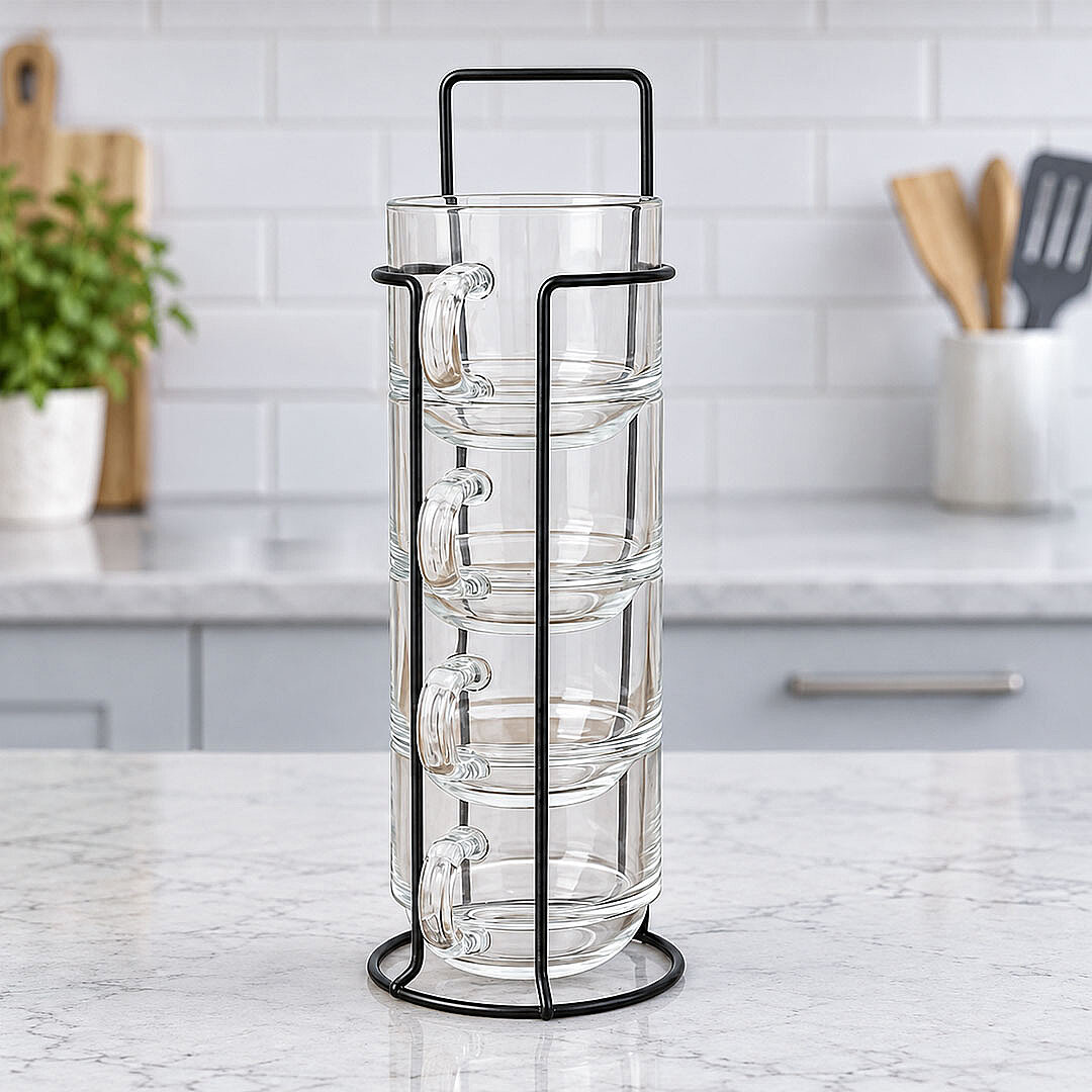 Borosilikat Metal Stantlı Bardaklık ve Çay Bardağı Seti, 4lü Bardak Standı ve Cam Bardak Takım - 1