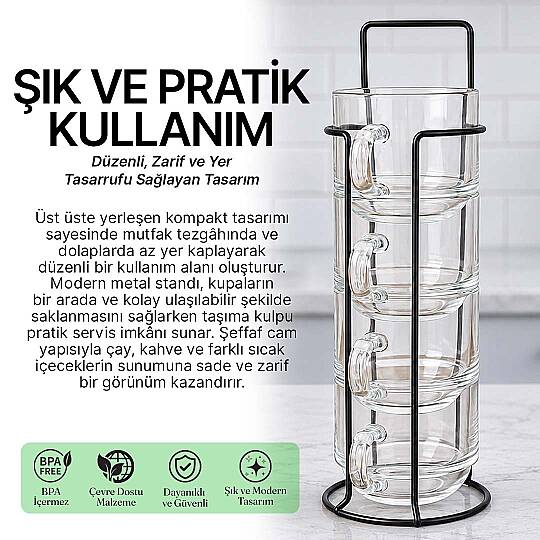 Borosilikat Metal Stantlı Bardaklık ve Çay Bardağı Seti, 4lü Bardak Standı ve Cam Bardak Takım - 2