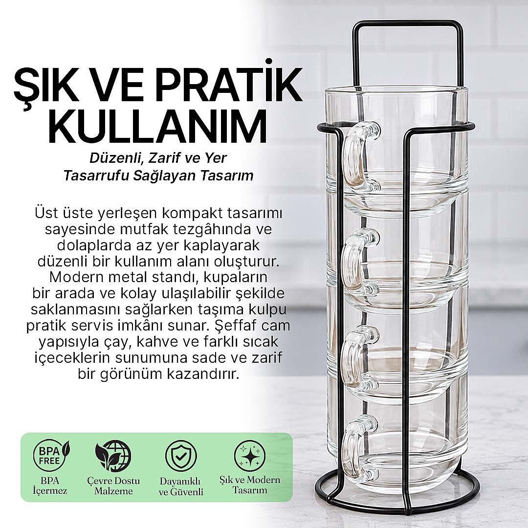 Borosilikat Metal Stantlı Bardaklık ve Çay Bardağı Seti, 4lü Bardak Standı ve Cam Bardak Takım - 2