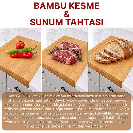 Büyük Boy Kenarlı 45x38x3,5 cm Bambu Mutfak Ekmek Kesme Tezgâhı Şef Usta Et Kesim Doğrama Oluklu - 2