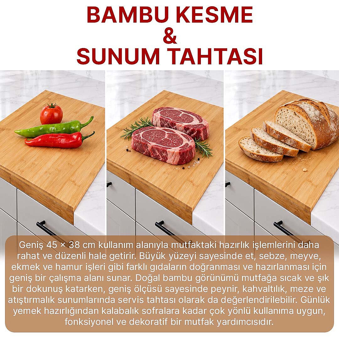 Büyük Boy Kenarlı 45x38x3,5 cm Bambu Mutfak Ekmek Kesme Tezgâhı Şef Usta Et Kesim Doğrama Oluklu - 2