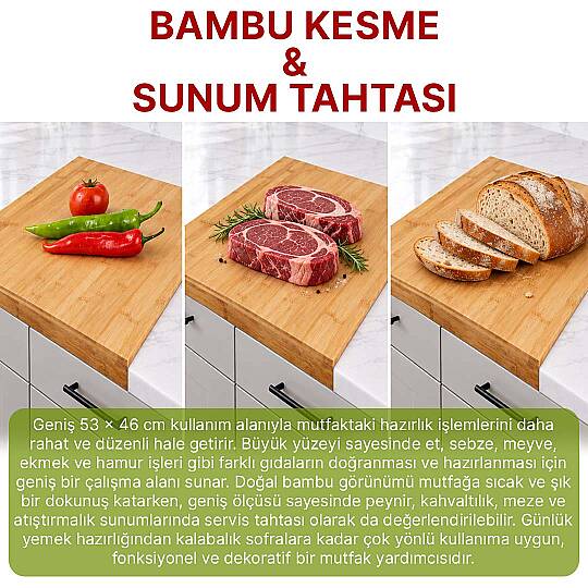 Büyük kalın 54x46x3,5 cm Bambu Mutfak Ekmek Kesme Tezgâhı Şef Usta Et Kesim Doğrama Oluklu - 2