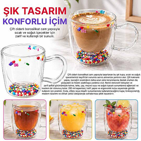 Çift Cidarlı Borosilikat Cam Çay & Kahve & Latte Bardağı - Isıya Dayanıklı Şeffaf Kupa - 2