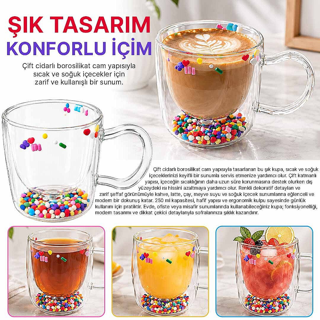 Çift Cidarlı Borosilikat Cam Çay & Kahve & Latte Bardağı - Isıya Dayanıklı Şeffaf Kupa - 2