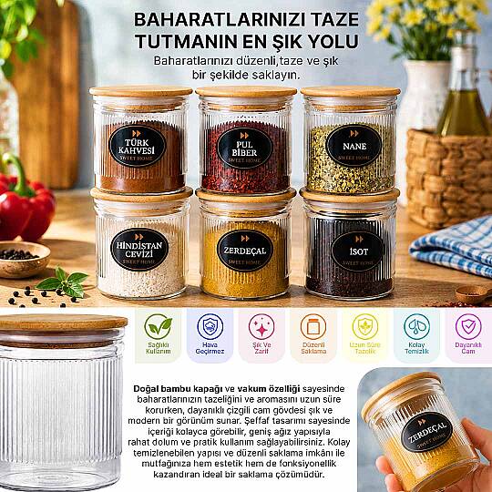 6'lı Çizgili Cam Baharatlık Seti - Etiket Hediyeli Ahşap Kapaklı Organizer Baharat Saklama Kabı Çerezlik 350ml - 2