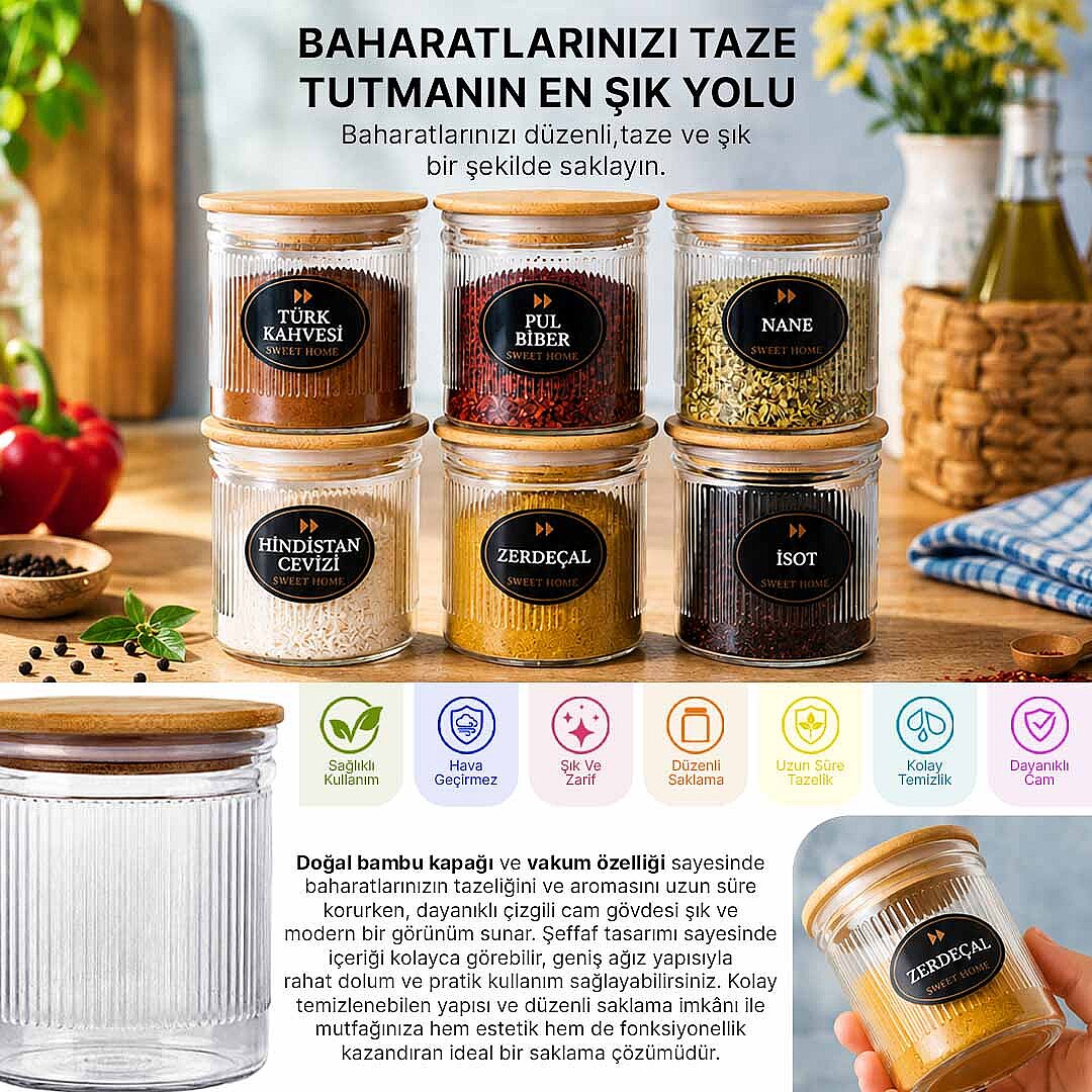 6'lı Çizgili Cam Baharatlık Seti - Etiket Hediyeli Ahşap Kapaklı Organizer Baharat Saklama Kabı Çerezlik 350ml - 2