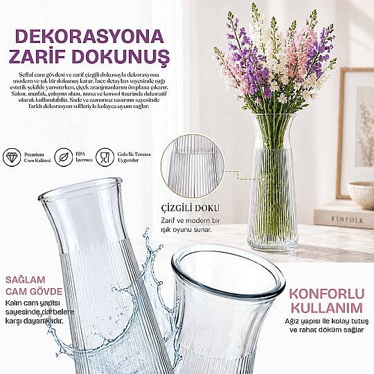 Dekoratif Cam Vazo - Modern Çizgili Şeffaf Çok Amaçlı Karaf 25 cm - 2