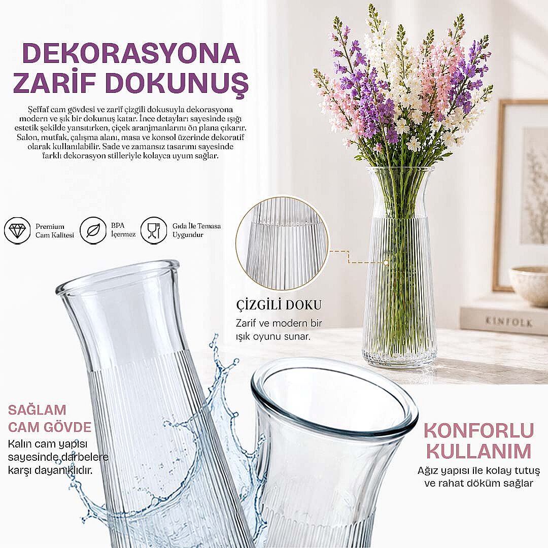 Dekoratif Cam Vazo - Modern Çizgili Şeffaf Çok Amaçlı Karaf 25 cm - 2