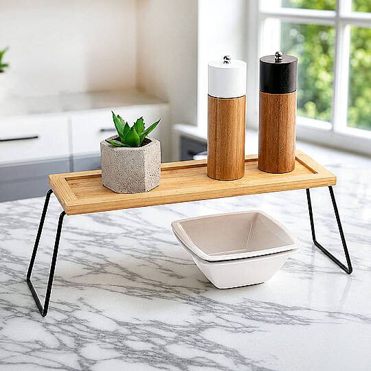 Dekoratif Metal & Bambu Raf Mutfak Banyo Düzenleyici Aksesuar Makyaj Parfüm Organizeri Stant 36x12cm
