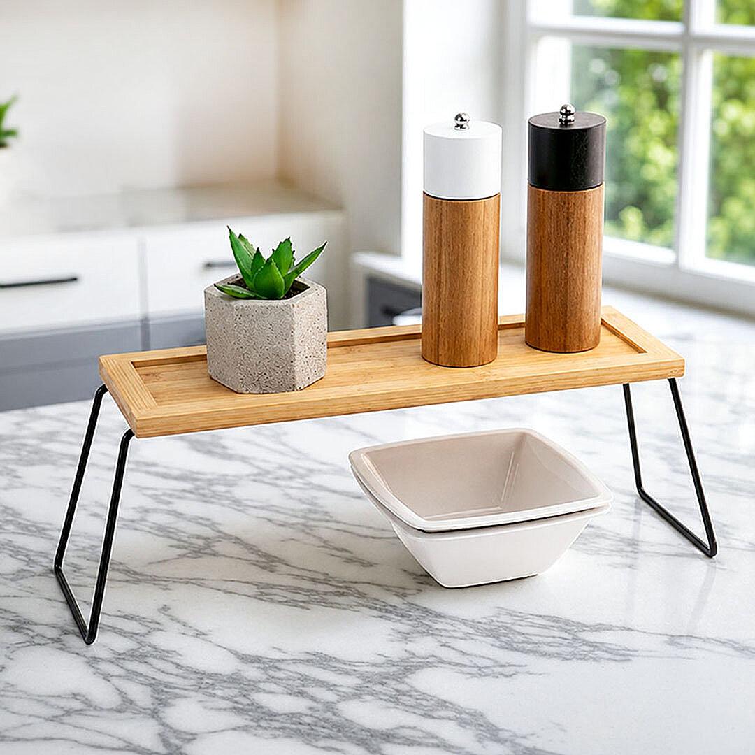 Dekoratif Metal & Bambu Raf Mutfak Banyo Düzenleyici Aksesuar Makyaj Parfüm Organizeri Stant 36x12cm - 1