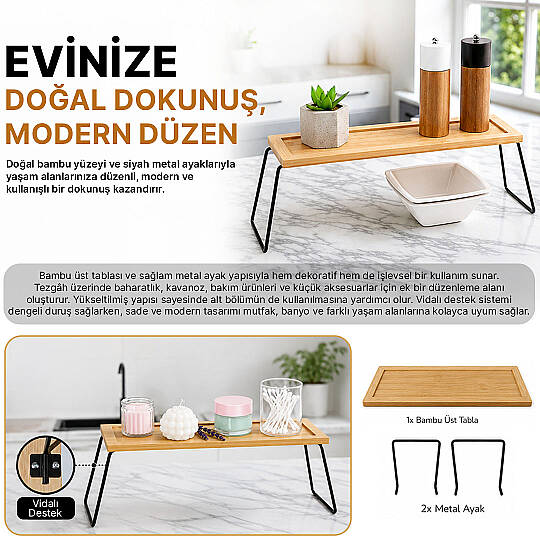 Dekoratif Metal & Bambu Raf Mutfak Banyo Düzenleyici Aksesuar Makyaj Parfüm Organizeri Stant 36x12cm - 2