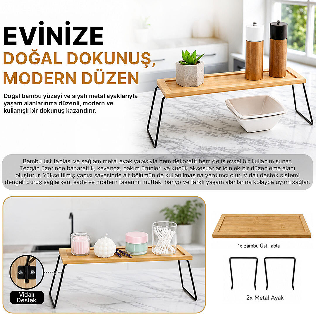 Dekoratif Metal & Bambu Raf Mutfak Banyo Düzenleyici Aksesuar Makyaj Parfüm Organizeri Stant 36x12cm - 2