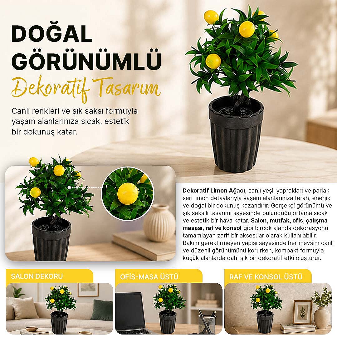 Dekoratif Saksılı Yapay Limon Ağacı - Yeşil Yapraklı Balkon Salon Mutfak Ofis Dekor Çiçeği - 2