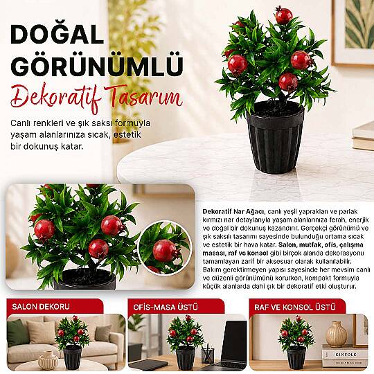 Dekoratif Saksılı Yapay Nar Ağacı - Yeşil Yapraklı Balkon Salon Mutfak Ofis Dekor Çiçeği - 2