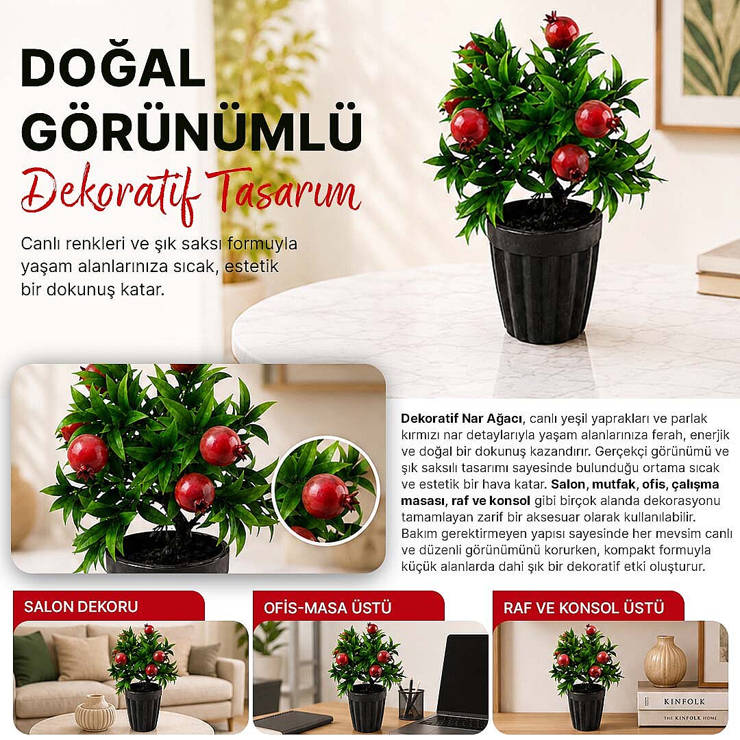 Dekoratif Saksılı Yapay Nar Ağacı - Yeşil Yapraklı Balkon Salon Mutfak Ofis Dekor Çiçeği - 2