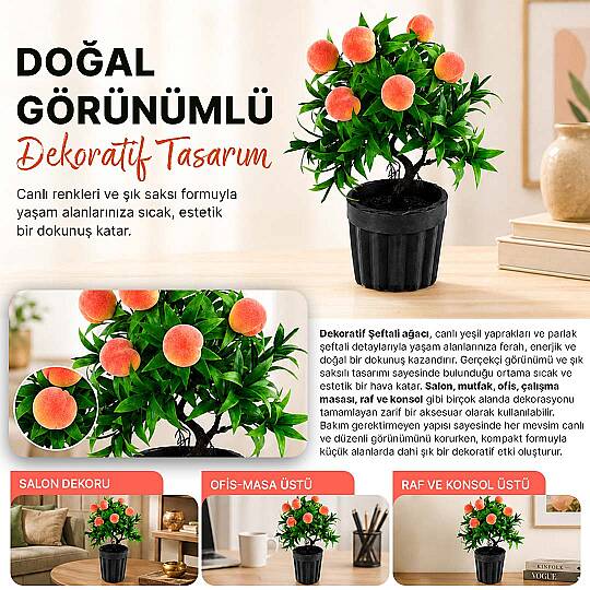 Dekoratif Saksılı Yapay Şeftali Ağacı - Yeşil Yapraklı Balkon Salon Mutfak Ofis Dekor Çiçeği - 2