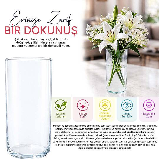Dekoratif Silindir Cam Vazo - Şeffaf Çiçek & Masa Üstü Sunum Vazosu 21 cm - 2
