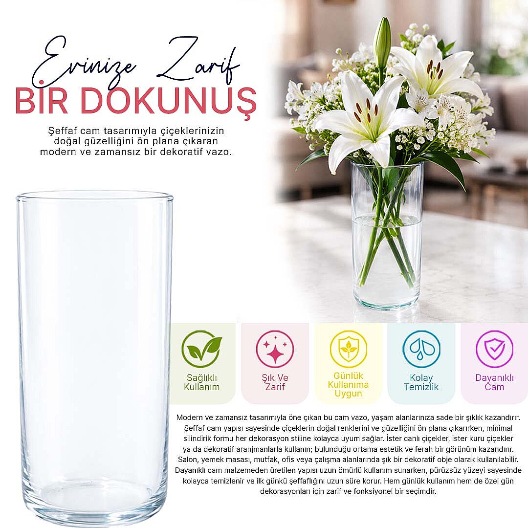 Dekoratif Silindir Cam Vazo - Şeffaf Çiçek & Masa Üstü Sunum Vazosu 21 cm - 2