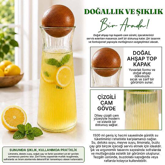 Dekoratif Top Kapaklı Cam Karaf - Modern Çizgili Cam Sürahi Sunumluk Meşrubat Şerbetlik 25 cm - 2