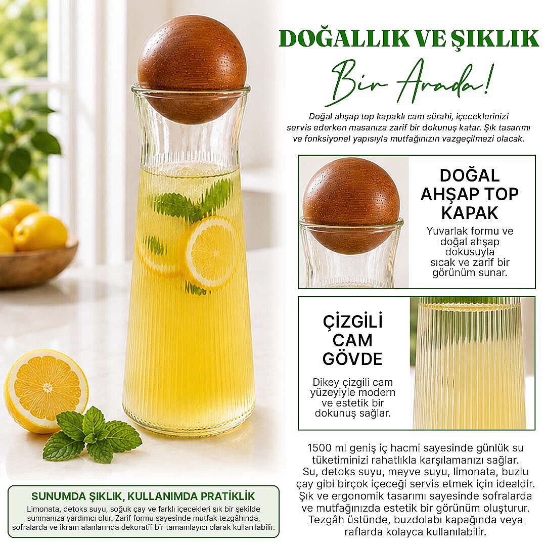 Dekoratif Top Kapaklı Cam Karaf - Modern Çizgili Cam Sürahi Sunumluk Meşrubat Şerbetlik 25 cm - 2