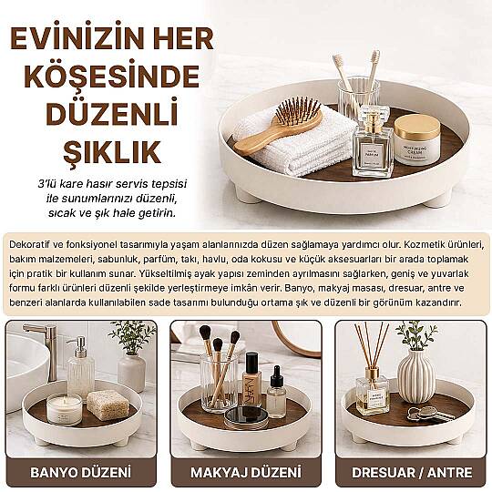 Dekoratif Yuvarlak Sunum Tepsisi – Çok Amaçlı Banyo Mutfak Düzenleyici Makyaj Dresuar Takı Organizer - 2