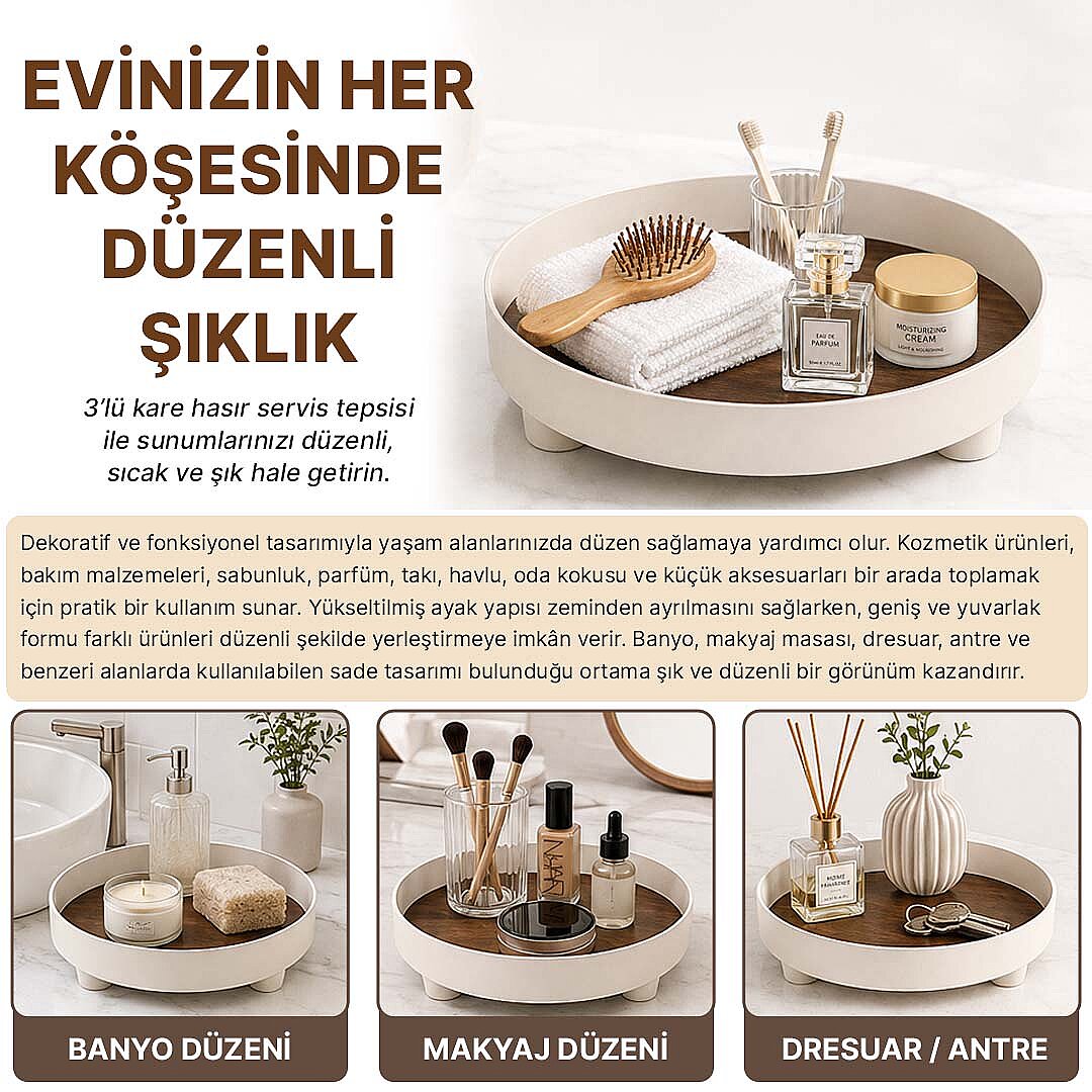 Dekoratif Yuvarlak Sunum Tepsisi – Çok Amaçlı Banyo Mutfak Düzenleyici Makyaj Dresuar Takı Organizer - 2